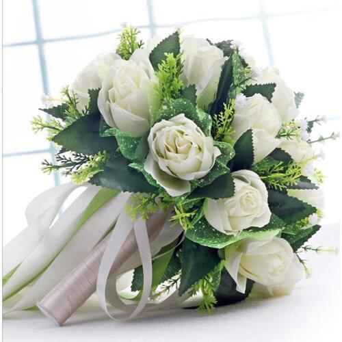 Handmade New Wedding Bridal Bridesmaid Bouquet Bride Bouquets White Green Artificial Rose Flowers hand Holding Flower Home Decor