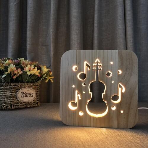3d Wooden Cello Night Lights Atmosphere Light Creative Hollow Carving Wood Table Lamp for Music Fans Creative Gift