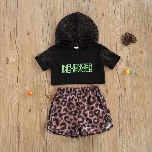 Kids Baby Girl Sports Mesh Shirt Summer Loose Leopard Shorts, Running Training Cropped Hooded Suit Sportwear 1-5T New Style 2021
