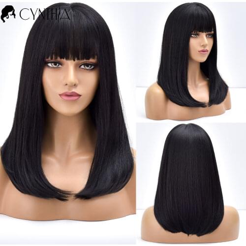 Long Black Straight Wigs With Bangs For Black White Women Ombre Synthetic Fiber Heat Resistant Natural Daily Party Cosplay Wig