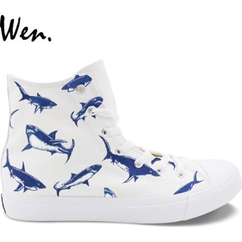 Wen Hand Painted Original Shoes Sharks Group Design Custom Unisex High Top Canvas Sneakers Flat Sports Espadrilles Boy Girl