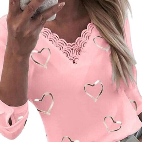 Women Hearts Print V-neck T-shirts Lace Patchwork Long Sleeve T-shirt Pullover Casual Loose Women Tshirts Summer футболка