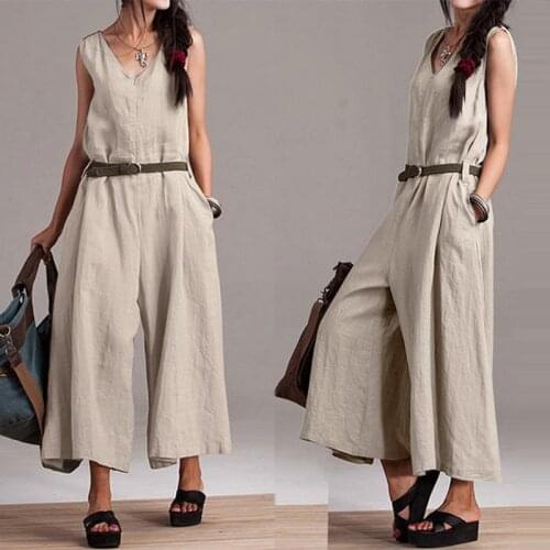 Vintage Solid Overalls Womens Summer Jumpsuits ZANZEA 2021 Casual Sleeveless Tank Playsuits Female V Neck Rompers Wide Leg Pant