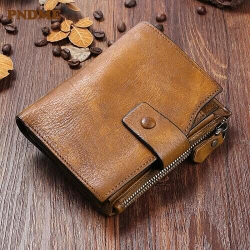 Vintage handmade genuine leather mens womens short wallet designer luxury natural cowhide multifunctional teens coin purse