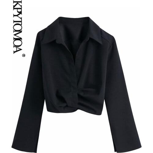 KPYTOMOA Women 2021 Fashion With Knot Pleated Cropped Blouses Vintage Long Sleeve Elastic Hem Female Shirts Blusas Chic Tops