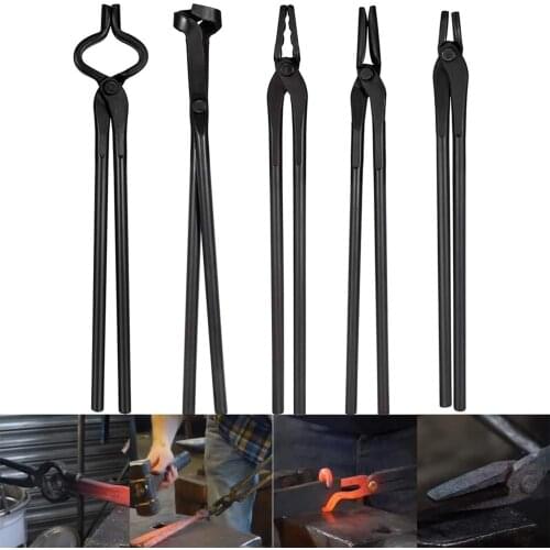Chuang Qian Blacksmith Tongs Tools Set For Anvil, Knife Making Set 5PCS Flat & Square Jaw & Bolt & Blade & Wolf Jaw tongs