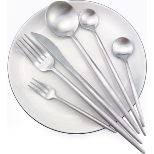 36 Pieces Matte Silver Dinnerware Set Luxury Cutlery Set Stainless Steel Dinner Knife Cake Fork Long Handle Scoops Tableware Set