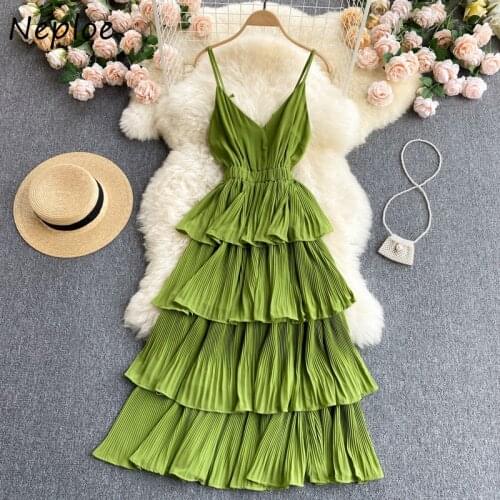 Neploe V Neck Sleeveless Shoulder Strapless Camis Dress Women High Waist Hip Ruffles Multicolor Holiday Vestidos Summer Robe