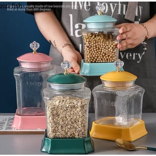 Transparent Glass Jar with Ceramic Cover Food Sealed Can Three-piece Suit Candy Jar Grain Storage Tank Decorative Finishing Box