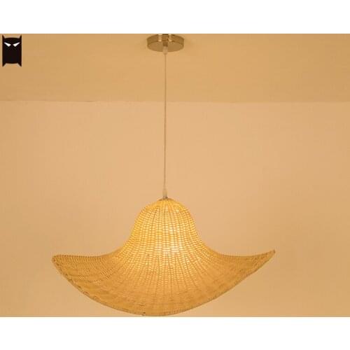 Hand Weaving Wicker Rattan Hat Pendant Light Fixture Asian Rustic Country Hanging Ceiling Lamp Luminaire Farmhouse E27 E26 Bulb