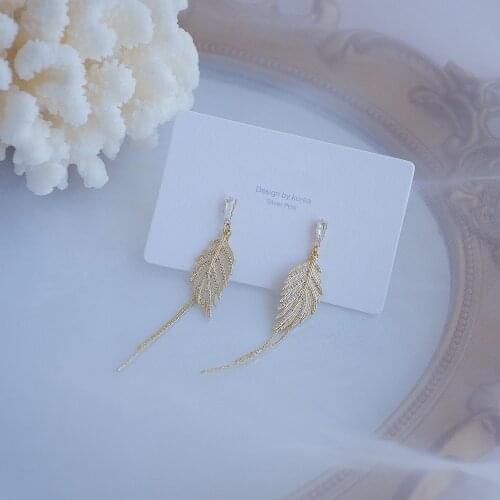 14k Real Gold Fashion Jewelry Crystal Leaves Exquisite Long Tassel Earrings for Woman Holiday Party Elegant Zircon Earring