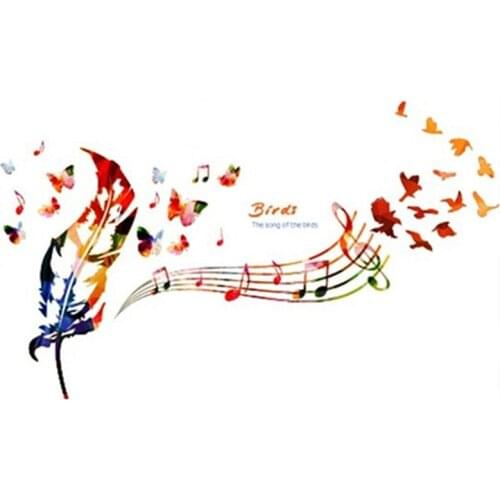 Music feather wall decals butterfly bird 3d vinyl mural stickers kids favorite children puzzle cartoon poster wallpaper 70*50cm