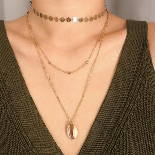 Vintage Copper Beads Round Sequins Sea Shell Pendant Necklace Women Multilayer Geometric Beach Necklace Jewelry Kolye YN1495