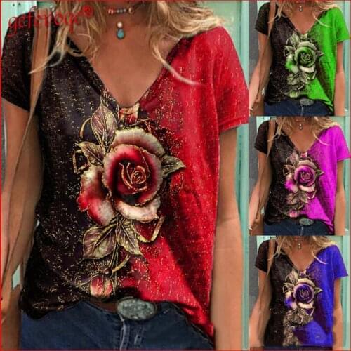 2021 Women Summer Clothing Fashion 3D Rose Floral Print V Neck Short Sleeve Casaul Oversized Harajuku Tees T-shirt Ladies Tops