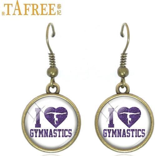 TAFREE Charm I Love Gymnastics Drop Dangle Earrings Sports Jewelry Round Pendants Earrings Fashion Accessory Jewelry SP123