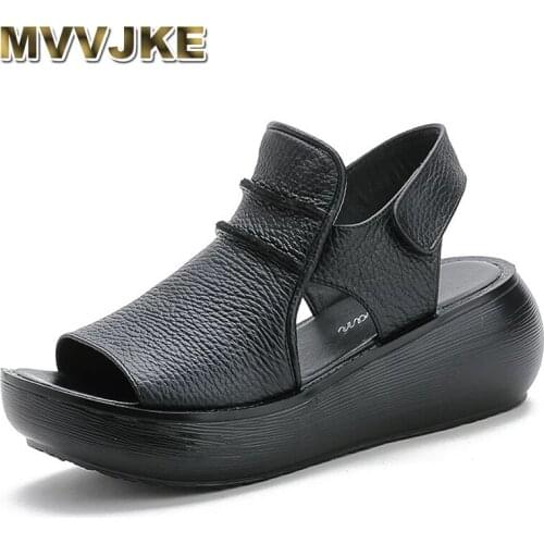MVVJKE 2021Summer Thick Bottom High Flat Platform Sandals For Women Genuine Cow Leather Fashion Wedges Peep Toe Women Sandals