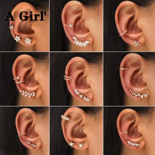 A Girl' Vintage Crystal Flower Geometry Ear Clip Star Cuff Earring For Women Non Pierced Clip On Womens Earrings Jewelry