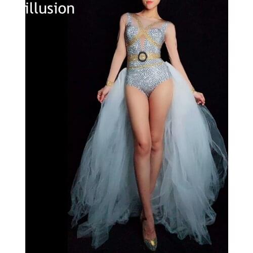 Fashion Silver Gold Rhinestones Bodysuit Women White Mesh Tail Birthday Party Outfit Lady Singer Dance Costumes Stage Clothing