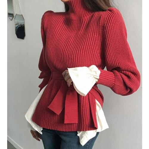 Women New Autumn Wwinter Fashion Chic Turtleneck Sweater High Neck Tied Waist Slim Sweaters Pullovers Pink Red Knitted Shirt Top