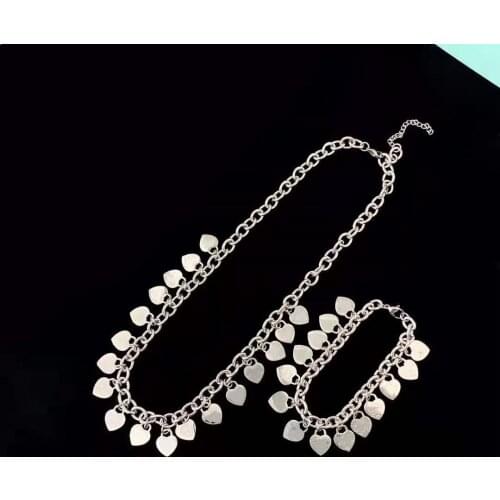 Fashion Titanium Steel Heart Dangle Jewelry Set T Letters 14 Hanging Heart Heart Necklace Crude Bracelet for Women Charm Jewelry
