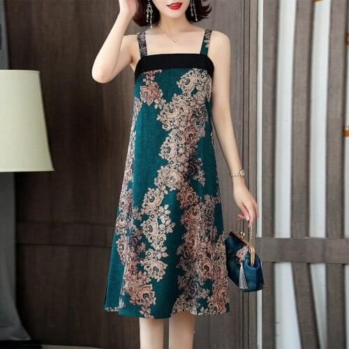 Printing Sling Dress Elegant Women 2021 Summer New High End Fashion Wild Suspender Dress Mid-Length Vintage Female Robes zh972