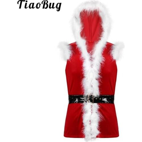 Men Red Soft Velvet Hooded Vest Waistcoat Sleeveless Faux Fur Trim Christmas Costume Holiday Party Santa Claus Cosplay Dress Up