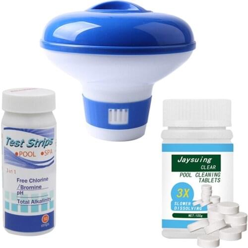 100G Swimming Pool Cleaning Tablet Floating Chlorine Hot Tub Chemical Dispenser Cleaner with Pool Test Strips