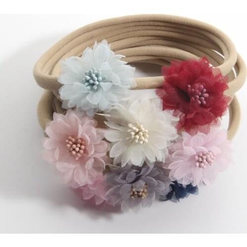 120PCS 4" 10CM Dia Elastic Nylon Headband With Satin Flower Chiffon Rose Kids Lovely Headbands Hair Accessories For Girls Women