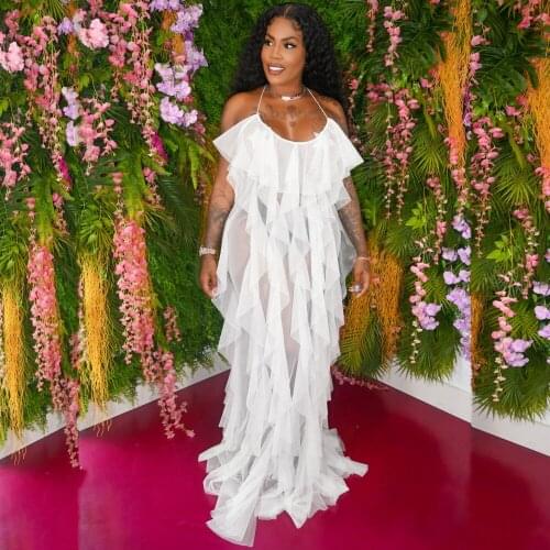 2021 Sling O Neck Cascading Ruffle Patchwork See Through Y2K Sexy Party Clubwear Backless Dress Plus Size Tutu Dresses Women