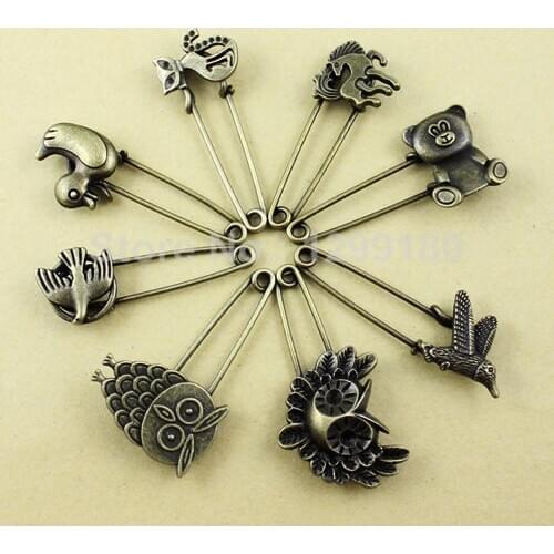 8pcs/lot Alloy Antique Brass Vintage Animal Brooch Safety Pins For Garment Accessories Scarf Clip pins Approx:53-60mm (K01936)