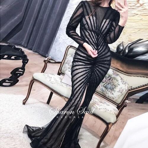 Arabic Black Long Sleeve Mermaid Evening Dress for Women Party Formal Dresses Luxury Silver Bead Split Dubai Wedding Prom Gowns