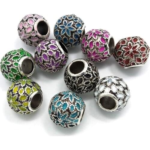 Free shipping new 50pcs11mm antique silver plated oil-drip round shape beads flower design fit European bracelet DIY