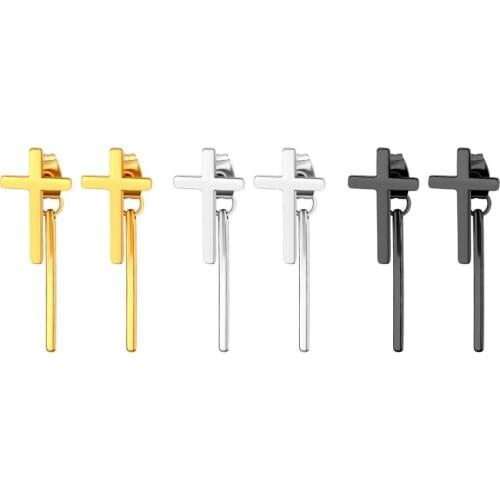 Boniskiss 2020 Simple Black/gold/Silver Color Unisex Cross Earrings For Women Man Stainless Steel Stud Earrings Mujer Moda