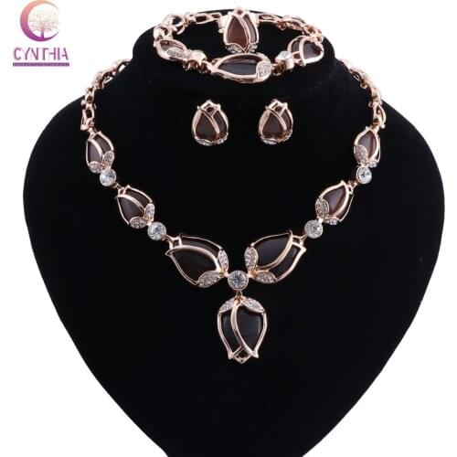 Dubai Wedding Jewellery Sets for Women Flower Leaf Bridal Jewelry Set Crystal Rhinestone Necklace Earrings Bracelet Ring Sets