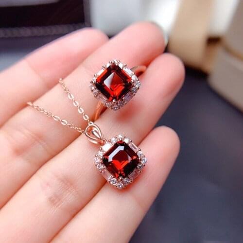 MOONROCY Red Crystal CZ Ring and Necklace Wedding Jewelry Set Geometry Rose Gold Color Trendy for Women Girls Gift Dropshipping