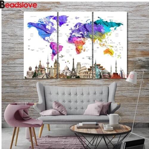 Colorful world map Diamond Painting paris big ben castle Cross-stitch DIY Mosaic 5d full diamond painting 3pcs wall Decor