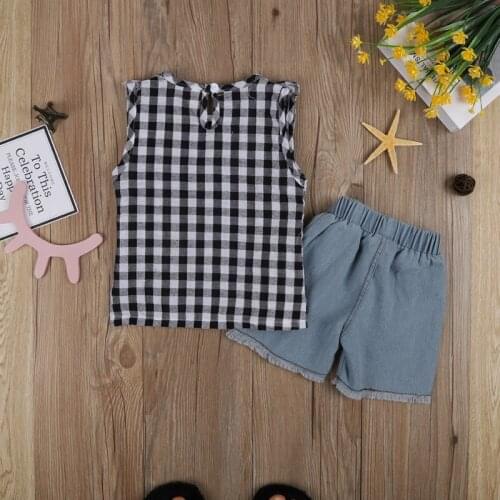 Girls Summer Vest Two Piece Sleeveless Plaid Top Embroidered Sunflower jean shorts Sets Girls Clothes Casual Outfits