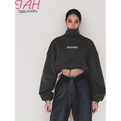 IAMHOTTY Fashion Casual Turtleneck Cropped Hoodies Letter Print Drawstring Slim Waist Sweatshirts Solid Long Sleeve Loose Hoodie