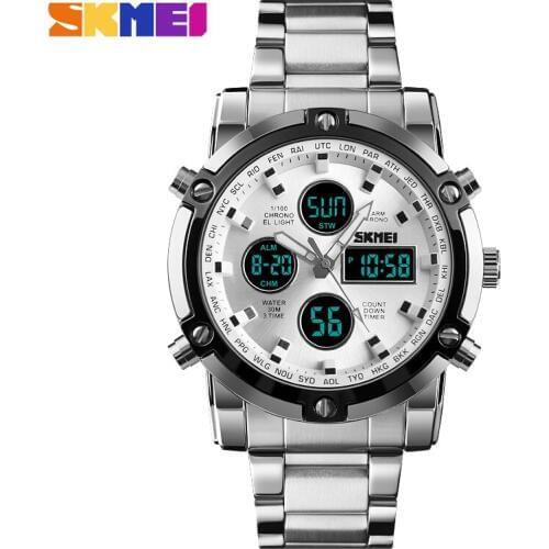 Mens Watches Dual Display LED Digital Waterproof Full Steel Quartz Watch Men Clock Luxury Brand Relojes SKMEI 2018