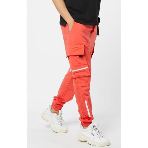 Mens Red Nylon Cargo Pants Elastic Skinny Leg