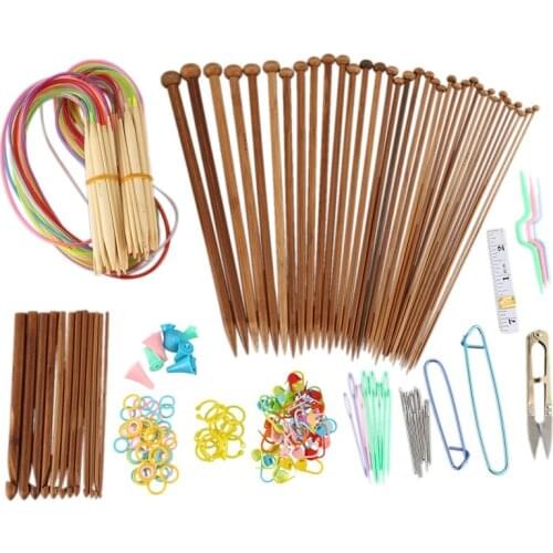Knitting Needles Set-18 Pairs 18 Sizes Bamboo Circular Knitting Needles + 36 Single Pointed Bamboo Knitting Needles + Weaving To