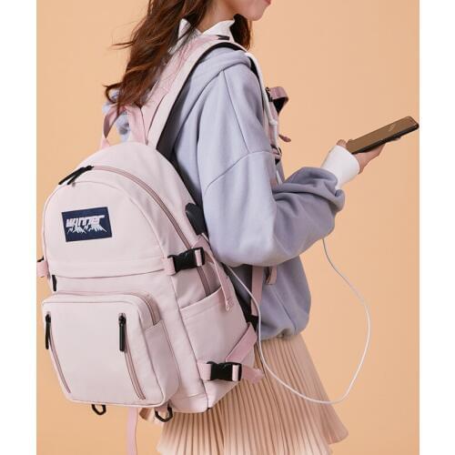 2019 Solid Color Fashion Waterproof Women Backpack Minimalist USB Charging Laptop Bagpack Anti-theft College Girls Bookbags