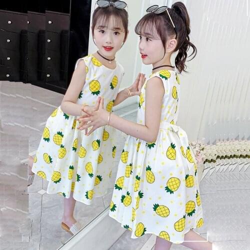 Summer Girls' 100% Cotton Vest Dress Children Korean Pineapple Cherry Floral A-Line Princess Dresses Vestidos 4 6 8 10 12 Years
