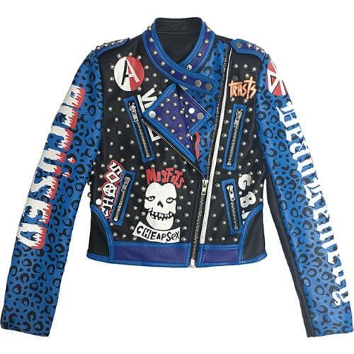 Blue Pu Leather Jacket rivet beading Jackets Outwear Punk Streetwear Graffiti leopard print skull pattern leather jacket F288