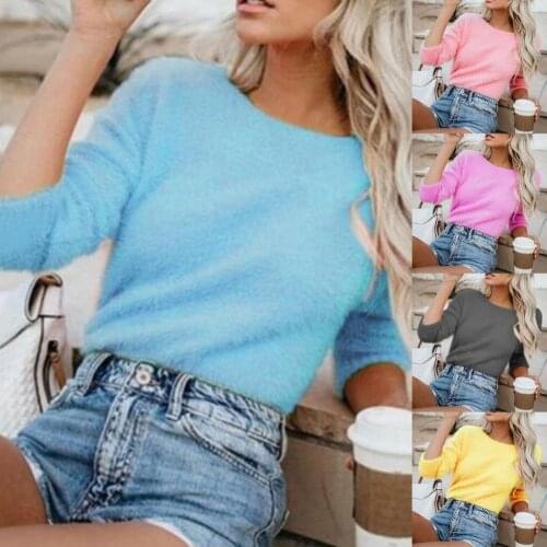 Womens Top Solid Color Skin-friendly All Match Round Neck Sweater for Autumn Winter Casual Loose Large Size Female Sweater