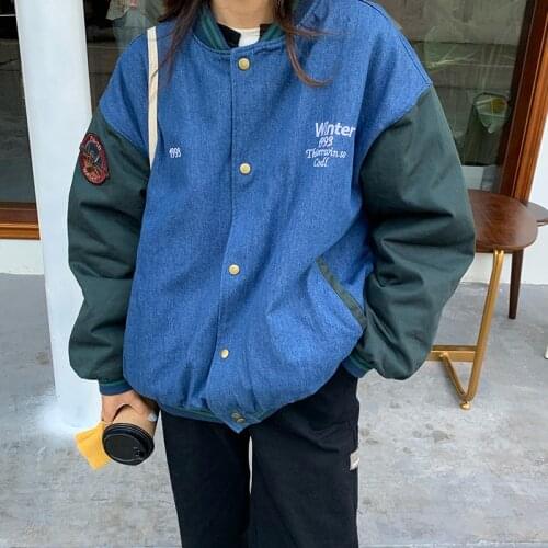 Vintage Embroidery Patchwork Denim Baseball Jacket Women Coat Warm Cotton Padded Clothes Winter Jacket Female Outwear Women Tops