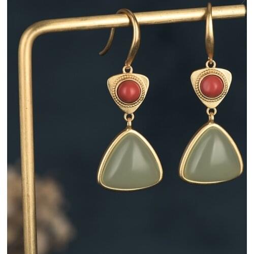 Retro Green Stone Triangle Earrings for Women Vintage Palace Ethnic Dating Jewelry 2021 Trend Fashion Earrings Friends Gift M4