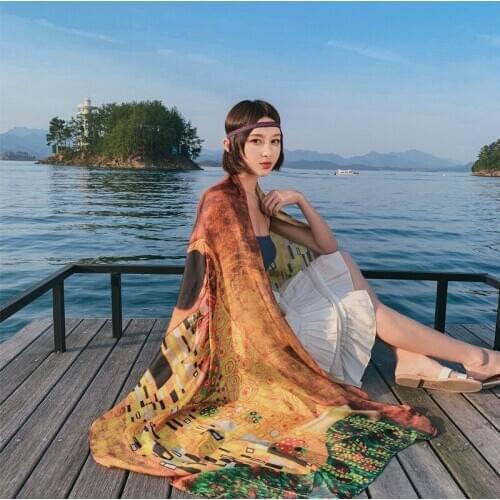 Spring And Summer Women Silk Satin Digital Printing Oil Painting Large Size Scarf Female Travel Beach Towel Shawl 80*200cm Шарф