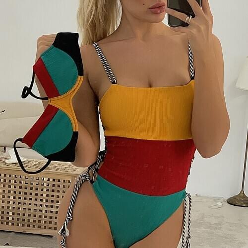 Swimwear One Piece Monokini 2020 Patchwork Beach Bikini Set Female Stripe Swim Suit Women Sexy Cut Out One Piece Swimsuit Women