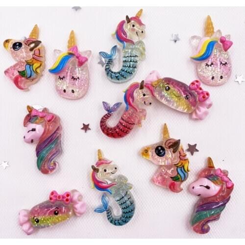 12pcs Colorful Glitter Rainbow Candy-Color Unicorn Figurine Flatback Rhinestone Applique DIY Wedding Scrapbook Craft Supplies